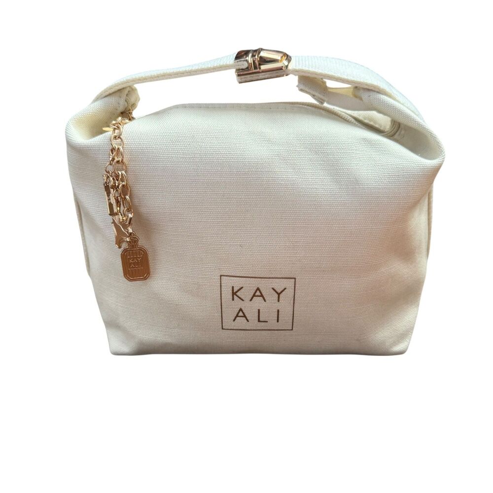KAYALI Huda Beauty Bag With Charms Cream/Gold NWOT Cosmetic Beauty Tote